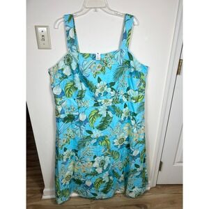 Talbots Midi Dress Plus Size 18W Blue Floral Tropical Linen Cotton Sleeveless